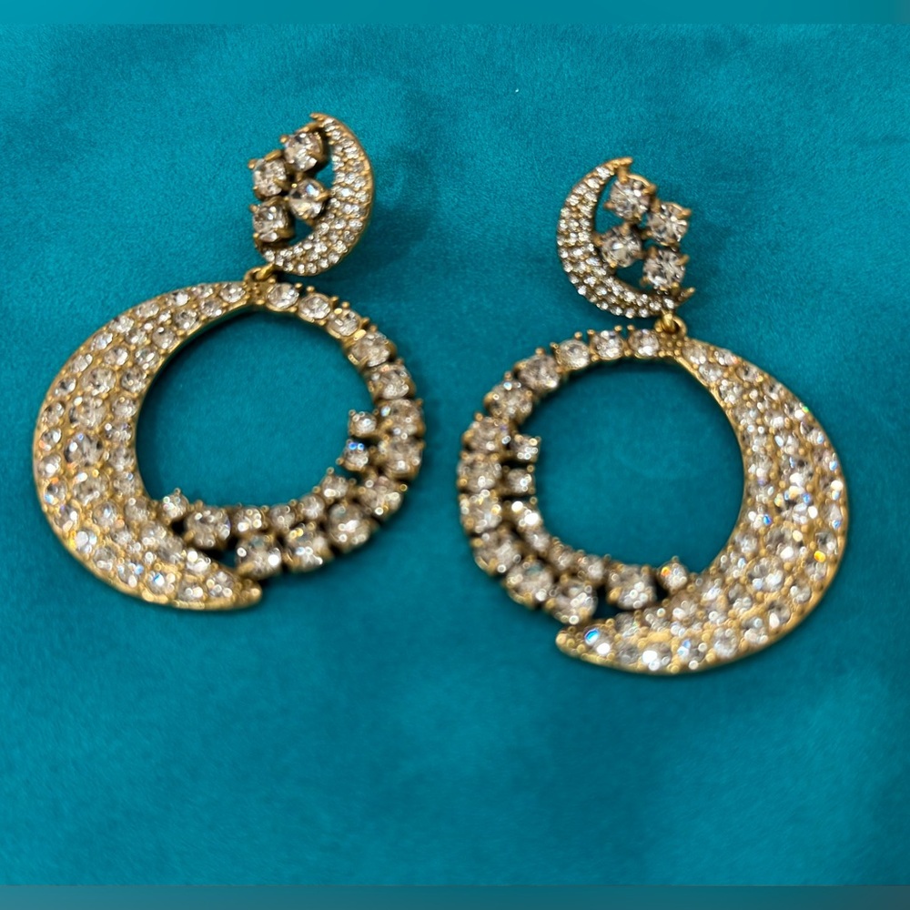✨ J.Crew Crystal Crescent Gold tone Hoop Statement Earrings (pierced) ✨